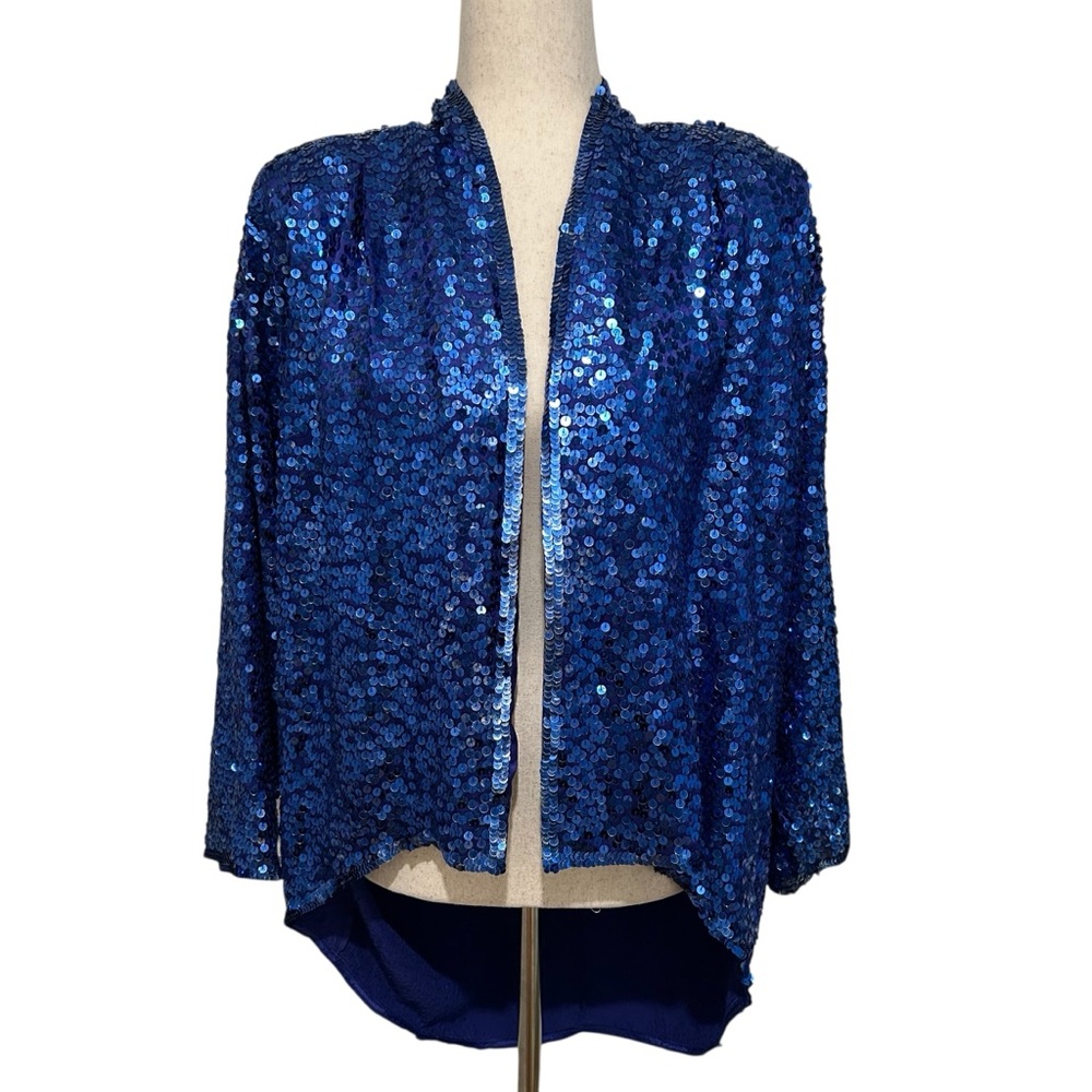 VTG 80’s Cathy Hardwick Blue Silk Sequined Open Jacket w/ Dolman Sleeves - Small